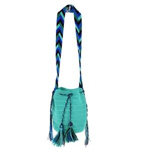 Boho Turquoise Crochet Bucket Bag Tassel Chevron Strap Crossbody Resort Festival